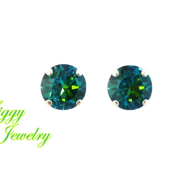 Green Sphinx Solitaire Crystal Earrings, 10mm (45ss) Drops or Studs, Iridescent - Picture 3 of 8